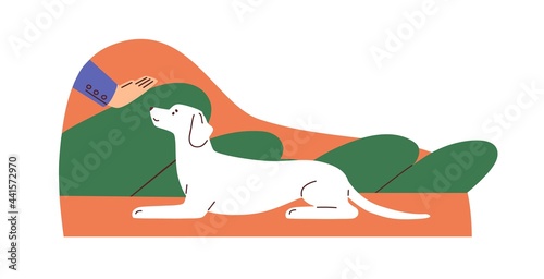 Human hand gesturing to dog, showing lie down signal. Pet owner training doggy to obey commands. Obedient trained canine animal. Colored flat vector illustration isolated on white background