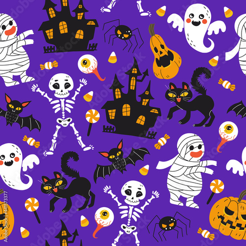 Halloween purple festive seamless pattern. Endless background with pumpkins, skeletons, bats, spiders, ghosts, bones, candy, zombies, eyes, castles and cats.