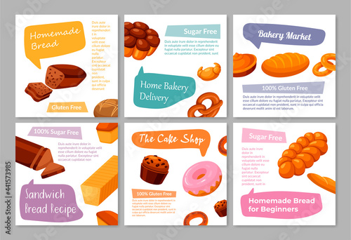 Collection of bakery products banner vector illustration advertising cafe or restaurant poster menu