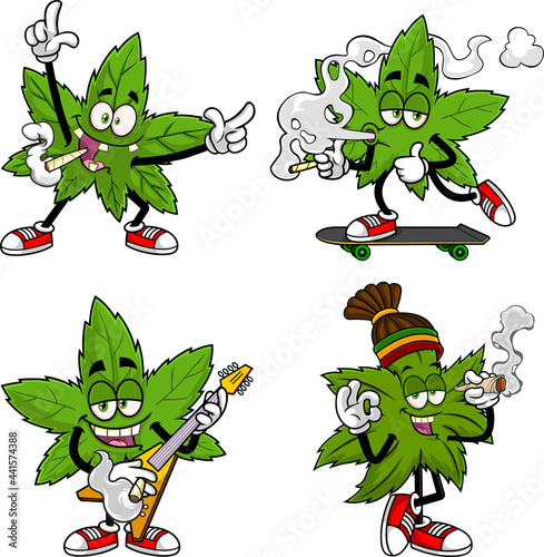 Marijuana Leaf Cartoon Characters. Vector Collection Set Isolated On White Background