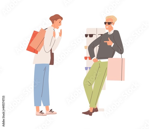 Happy people having fun and laughing during shopping. Man joking and fooling ...
