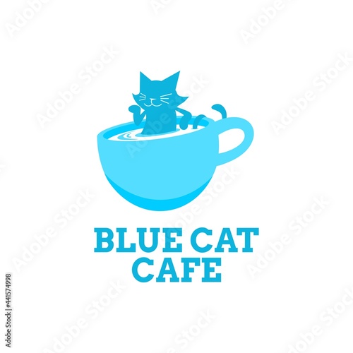 Blue Cat animal coffee mug cafe logo concept design illustration
