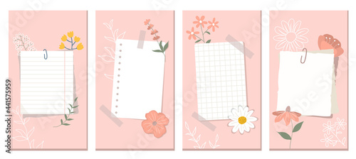 Social Media Stories Layout Set. Colorful flowers, flowers contours, white notebook pages on pink background. Vector art