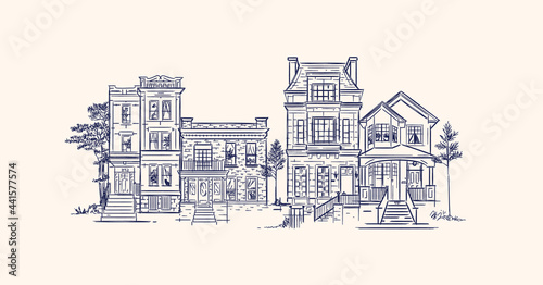 House illustration old fashioned dark blue lines