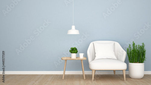 Living area and light blue empty wall in apartment or Home - Interior Design for artwork - 3D Rendering