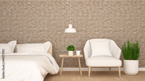 Bedroom and living area on brick wall decorate and empty space for artwork. 3D Rendering