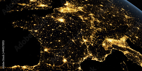 France at night in the earth planet rotating from space