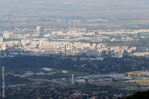 Aerial view from above of Sofia suburbs, cityscape of Sofia the capital of Bulgaria. Industrial area photo
