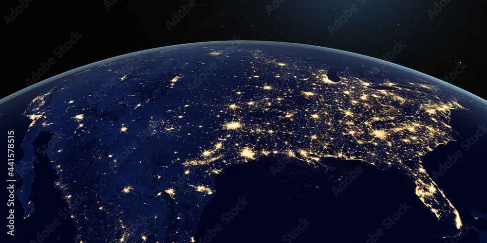 View of North America at night in the earth planet rotating from space ...
