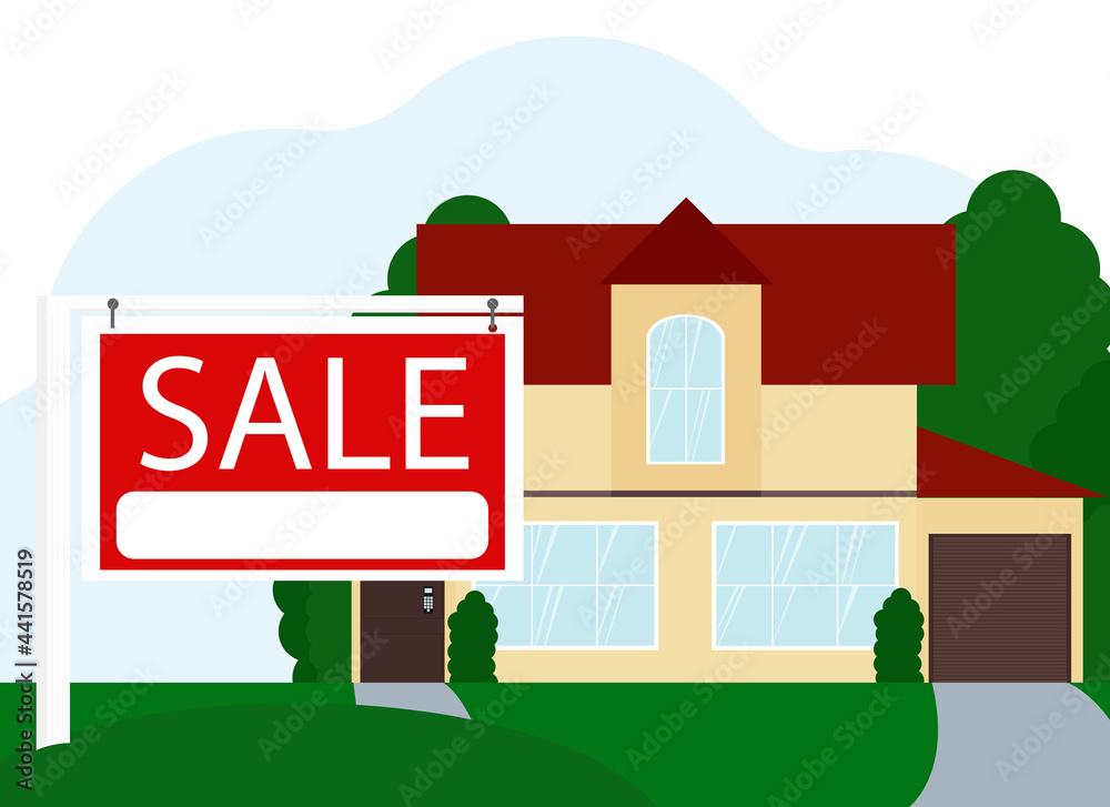 Fototapeta premium Illustration of the sale of a large residential building next to a sign with the text SALE