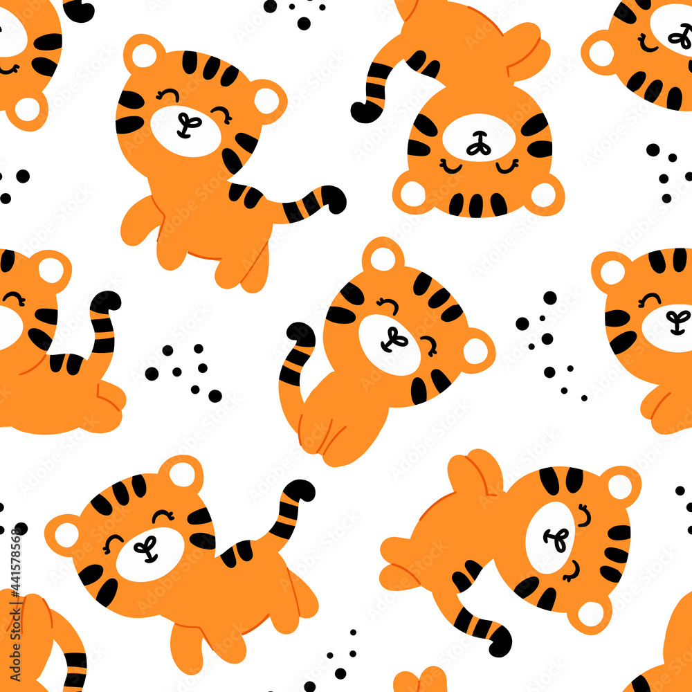 Obraz premium seamless pattern with tigers on a white background. Cute cartoon design for children's textiles