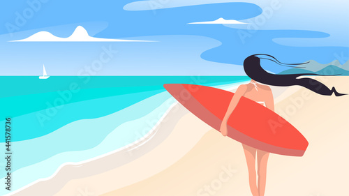 Girl with a surfboard on a summer beach looks at the sea or ocean. Summer landscape. Flat style. Vector