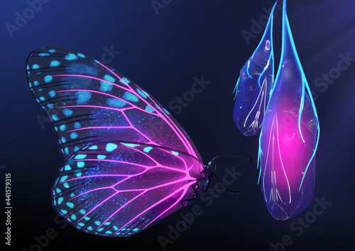 3D Render of Magical glowing neon and fluorescent inspirational butterfly beside its cocoon (ID: 441579315)
