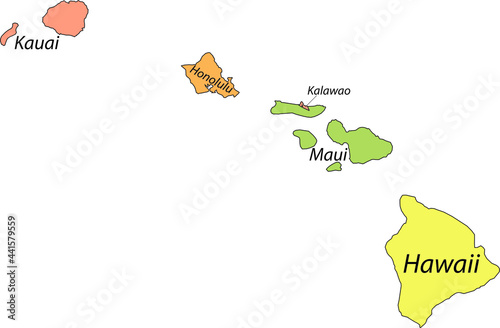 Pastel vector map of the Federal State of Hawaii, USA with black borders and names of its counties