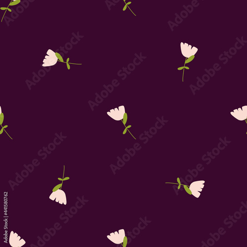 Spring style dark seamless pattern with minimalistic white flowers print. Purple background. Floral print.