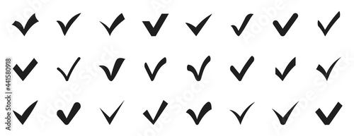 Check mark icon set. Black confirm or tick icons. Check marks for agreement, vote, confirmation, choise. Vector illustration.