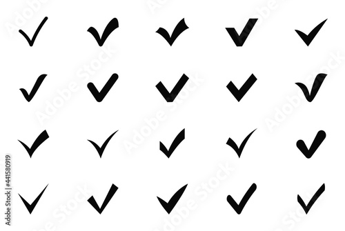 Check mark icon set. Black confirm or tick icons. Check marks for agreement, vote, confirmation, choise. Vector illustration.
