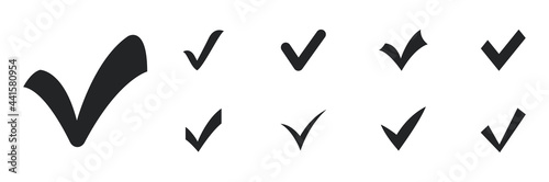 Check mark icon set. Black confirm or tick icons. Check marks for agreement, vote, confirmation, choise. Vector illustration.