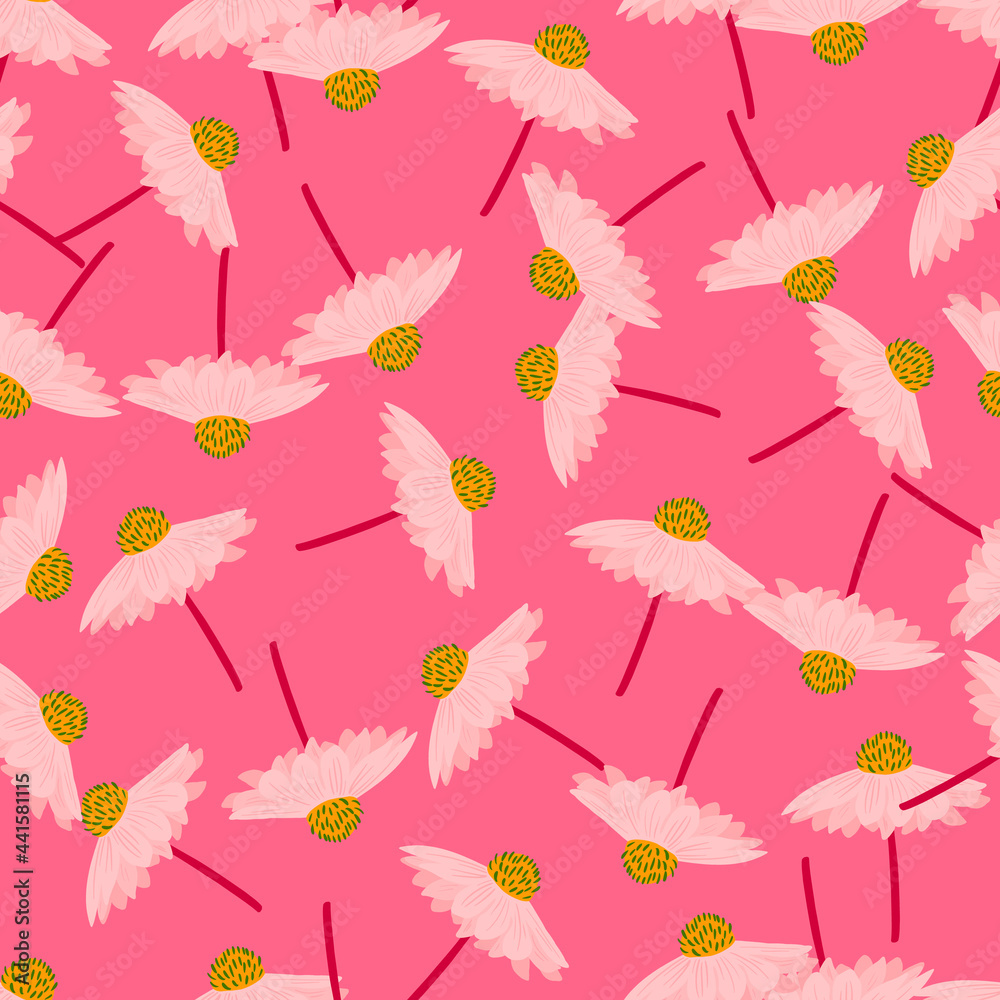 Hand drawn seamless pattern with random gebera flowers ornament. Bright pink background.