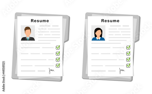 Resumes form. CV in folder. Recruitment staff. Business resume. Resume template for job search. Selecting employment. Human resource management. Job interview. Vector illustration.