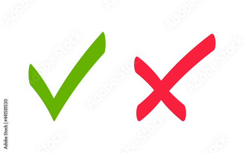 Check mark icons. Green check mark and red cross. Tick and cross icons. Accepted or rejected, true or false, right or wrong, yes or no signs. Checkbox icons. Vector illustration.