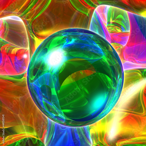 3D fractal - Glass Sphere in a cubic matrix with transparencies and reflections at 64 Megapixel