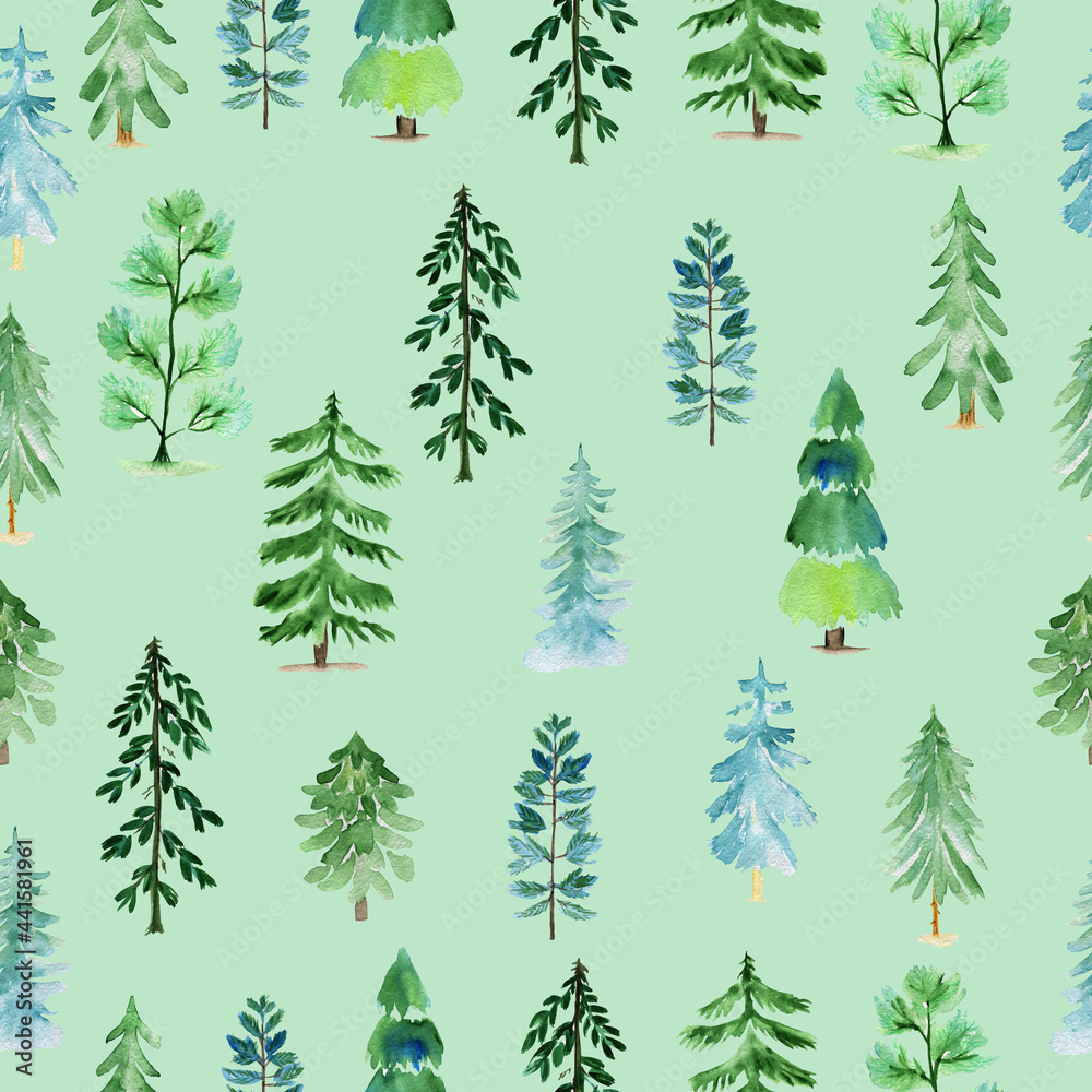 Fototapeta premium Watercolor pattern trees. Seamless forest. Design element for collection. Elements for the design.