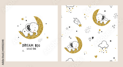 Baby seamless pattern and greeting card set with cute little elephant on moon. Perfect for gift wrap, textile or book covers, wallpapers and scrapbook.