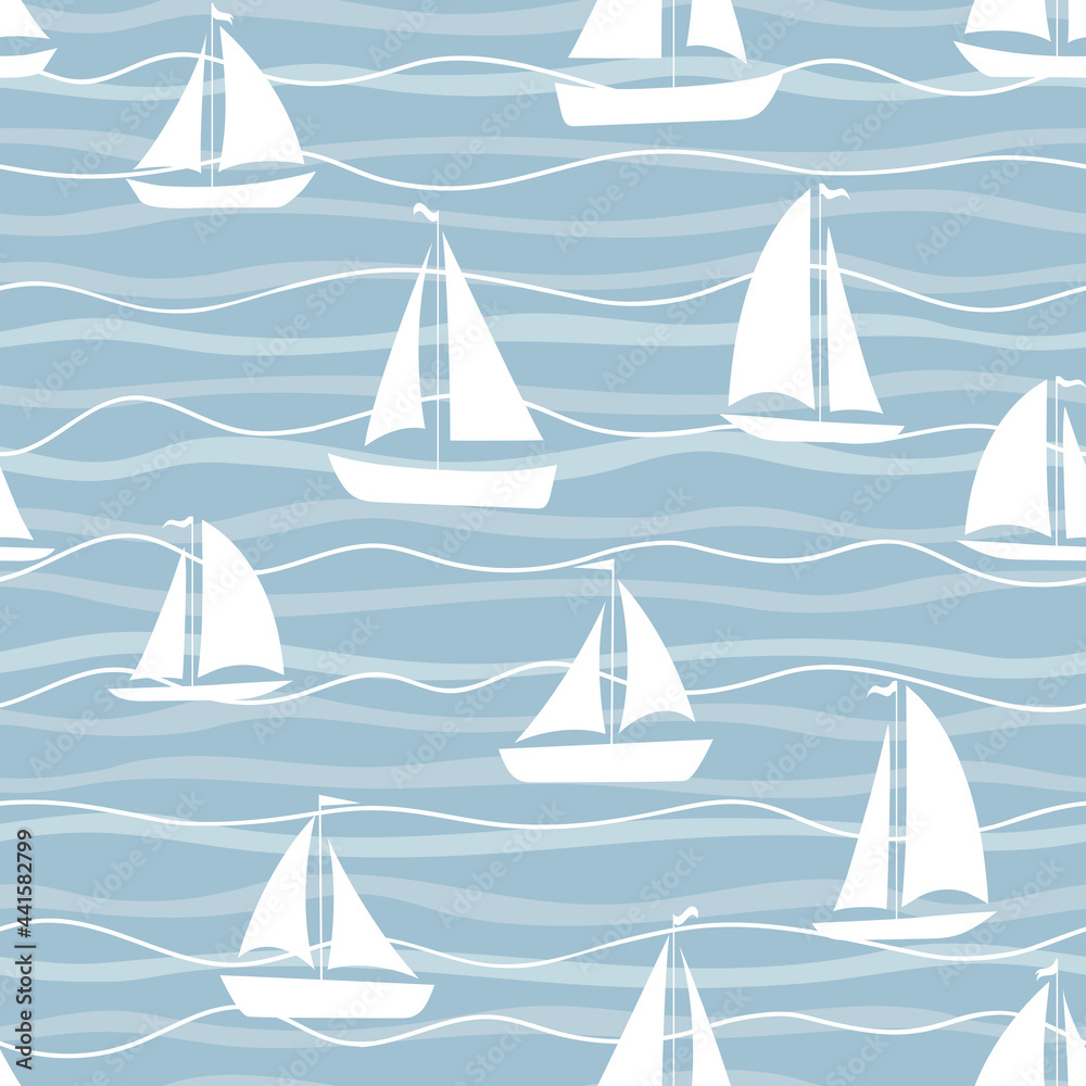 Seamless pattern with boats. Sailboats on the waves.