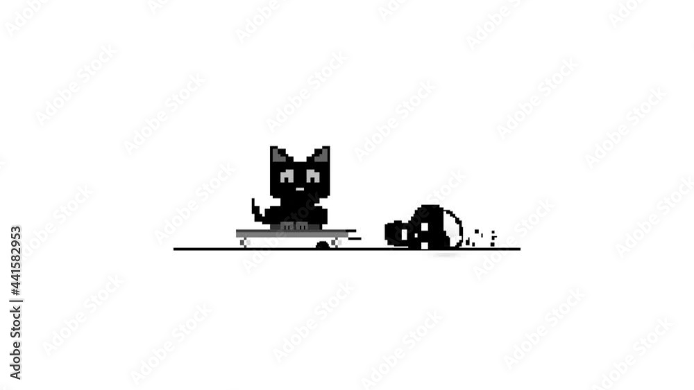 pixel animation.  black cat rolls on a skateboard and zombie head