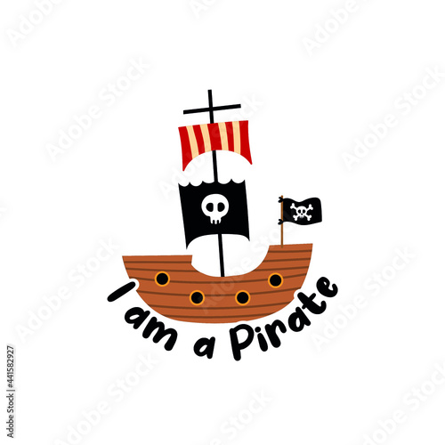 Vector image. Drawing of a pirate ship. Children's image to decorate.