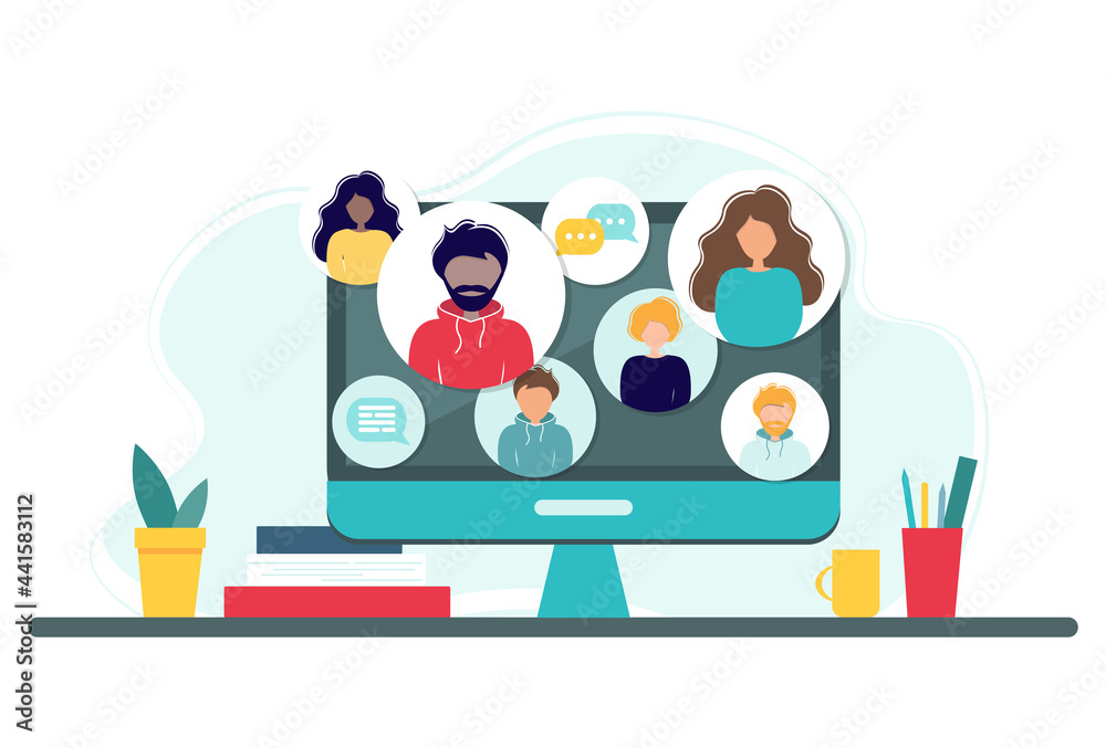 Fototapeta premium Online meeting via group call. Home office concept with computer, books and cup. Group of people doing video conference. Illustration in flat style. Stay at home. Self-isolation