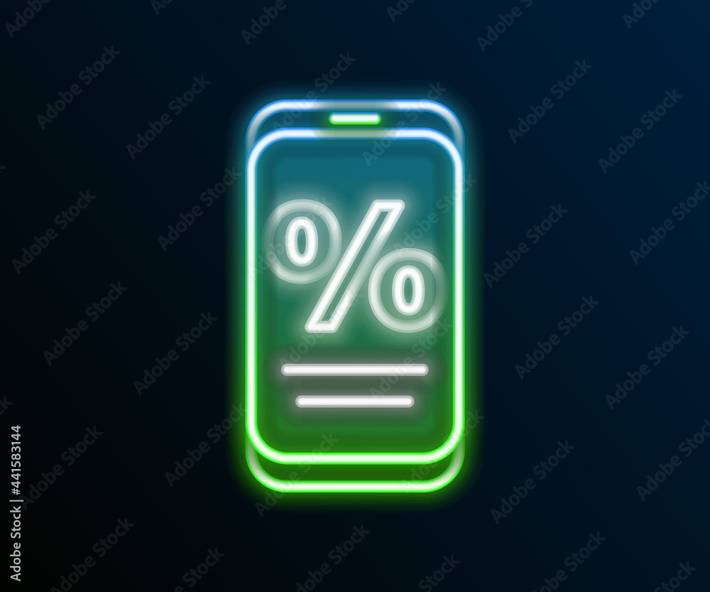 Glowing neon line Percent discount and mobile phone icon isolated on black background. Sale percentage - price label, tag. Colorful outline concept. Vector Glowing neon line Percent discount and mobile phone icon isolated on black background. Sale percentage - price label, tag. Colorful outline concept. Vector