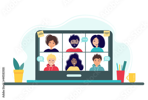 Online meeting via group call. Home office concept with laptop, plant and cup. Group of people doing video conference. Illustration in flat style. Stay at home. Self-isolation.