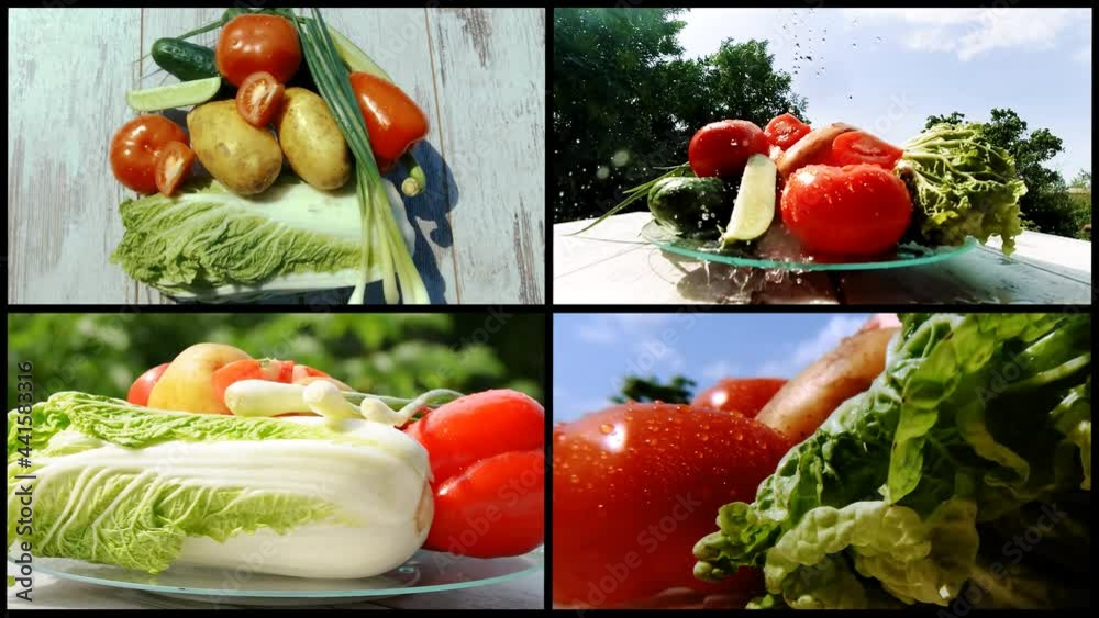 4k creative video collage of different vegetables with water drops on a rolling tray on a table in nature background with blue sky and green foliage on a sunny day. 4k creative video collage of different vegetables with water drops on a rolling tray on a table in nature background with blue sky and green foliage on a sunny day.
