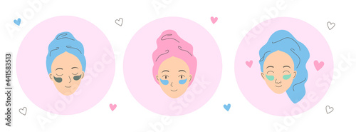 Cute beautiful girls with gel eye patches on their faces. Beauty skin care procedures, natural Korean cosmetic eye pads, home spa treatment. Bright colorful cartoon flat vector illustration stickers.