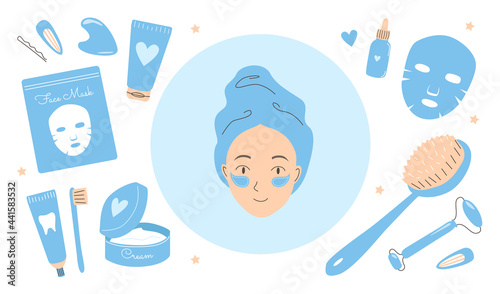 Cute girl face with skincare cosmetic products, beauty devices, bath and body care kits, personal hygiene stuff, home spa treatments, facial massage and masking icon set collection. Hand drawn vector.