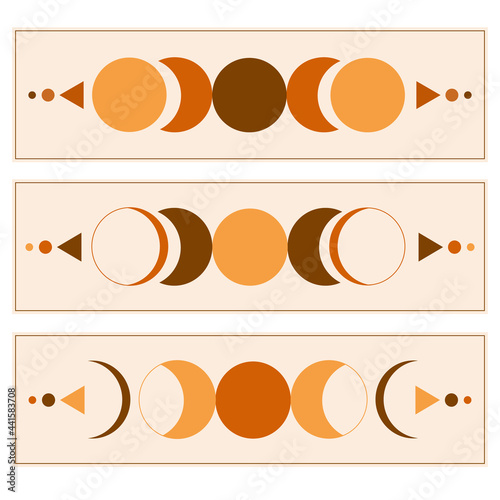 Trendy vector set of moon Phases modern minimalist horizontal posters. Contemporary aesthetic style boho, megic concept wall art decor.