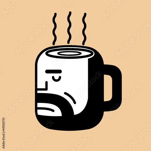 An illustration of a coffee cup resembling a face and beard.
