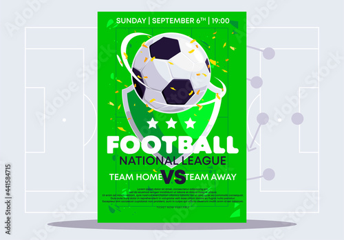 Vector illustration of a template for a football match of a soccer ball with a shield and a winner's wreath on a green background, flat design, marking of a football field in the background