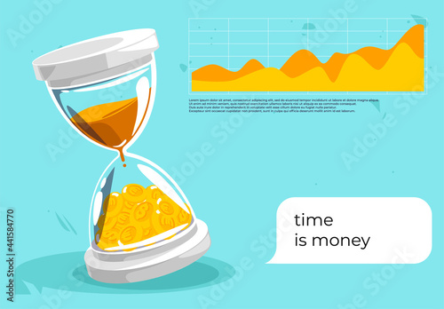 Vector illustration of a classic hourglass with gold coins inside, time money, statistical graph