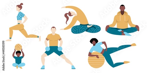 Set of different people playing sports isolated on white background. Whites and blacks, women and men perform exercises in yoga, fitness, exercises with a fitness ball and dumbbells. Flat design.