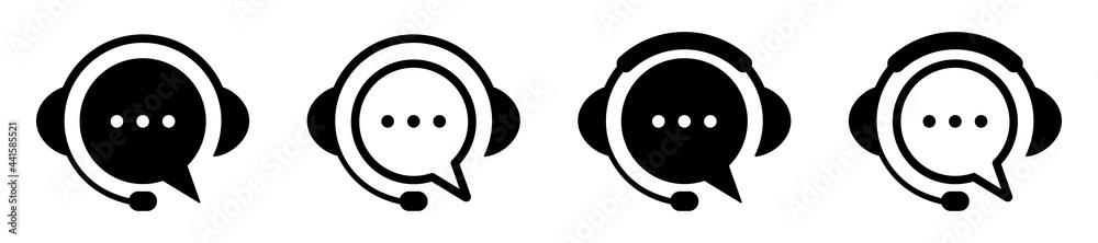Set of support service icons. Speech bubbles with headphones, live chat symbol, call center. Hotline, customer advice, online web support. Vector. - obrazy, fototapety, plakaty 