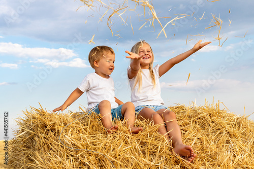 Two cute adorable caucasian siblings enjoy having fun sitting on top over golden hay bale on wheat harvested field near farm. Happy childhood and freedom concept. Rural countryside scenic landscape
