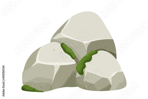 Stone, rock with moss and grass isolated on white background. Big boulder element, granite block for ui games, decoration, clipart in cartoon style. Vector illustration