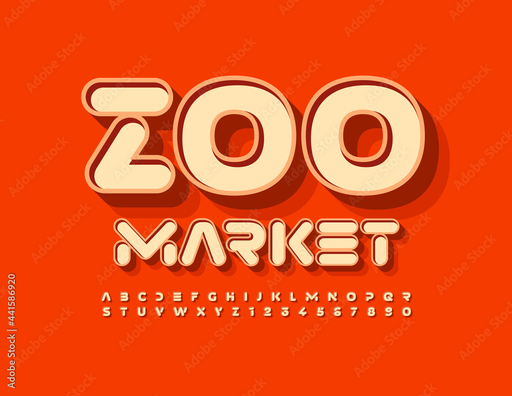 Vector funny logo Zoo Market. Trendy orange Font. Techno style Alphabet Letters and Numbers set