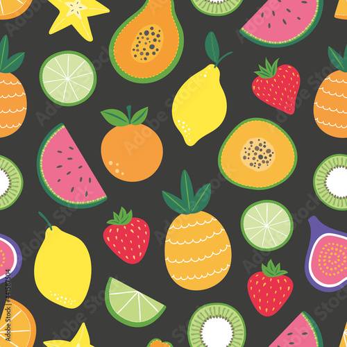 Fototapeta Naklejka Na Ścianę i Meble -  Tropical Fruit pattern background with pineapple, lemon, papaya, watermelon, figs, lime and strawberries.