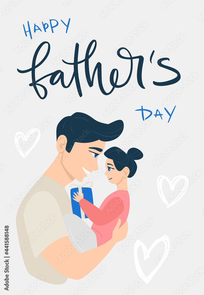 Happy Father's Day! Cartoon illustration with dad and daughter with hearts. Cute holidays banner. The child is in the arms of the father. Daughter gives dad a gift. Happy Father's Day! Cartoon illustration with dad and daughter with hearts. Cute holidays banner. The child is in the arms of the father. Daughter gives dad a gift.