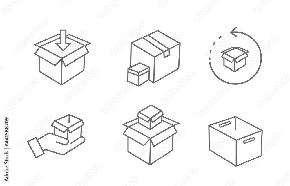 Cardboard box line icon and Carton packaging box isolated on a white background. Closed and open box. Delivery boxes, return parcel. Flat design style. Vector illustration