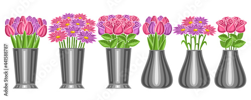Vector set of Flowers in Vases, lot collection of six cut out illustrations of flower bouquets in stainless buckets, banner with group of decorative vases for flower shop display on white background.